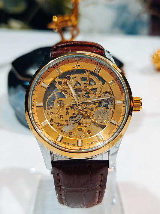 Fitron Skeleton Yellow Gold Dial Dial Brown Leather Strap Men's Watch