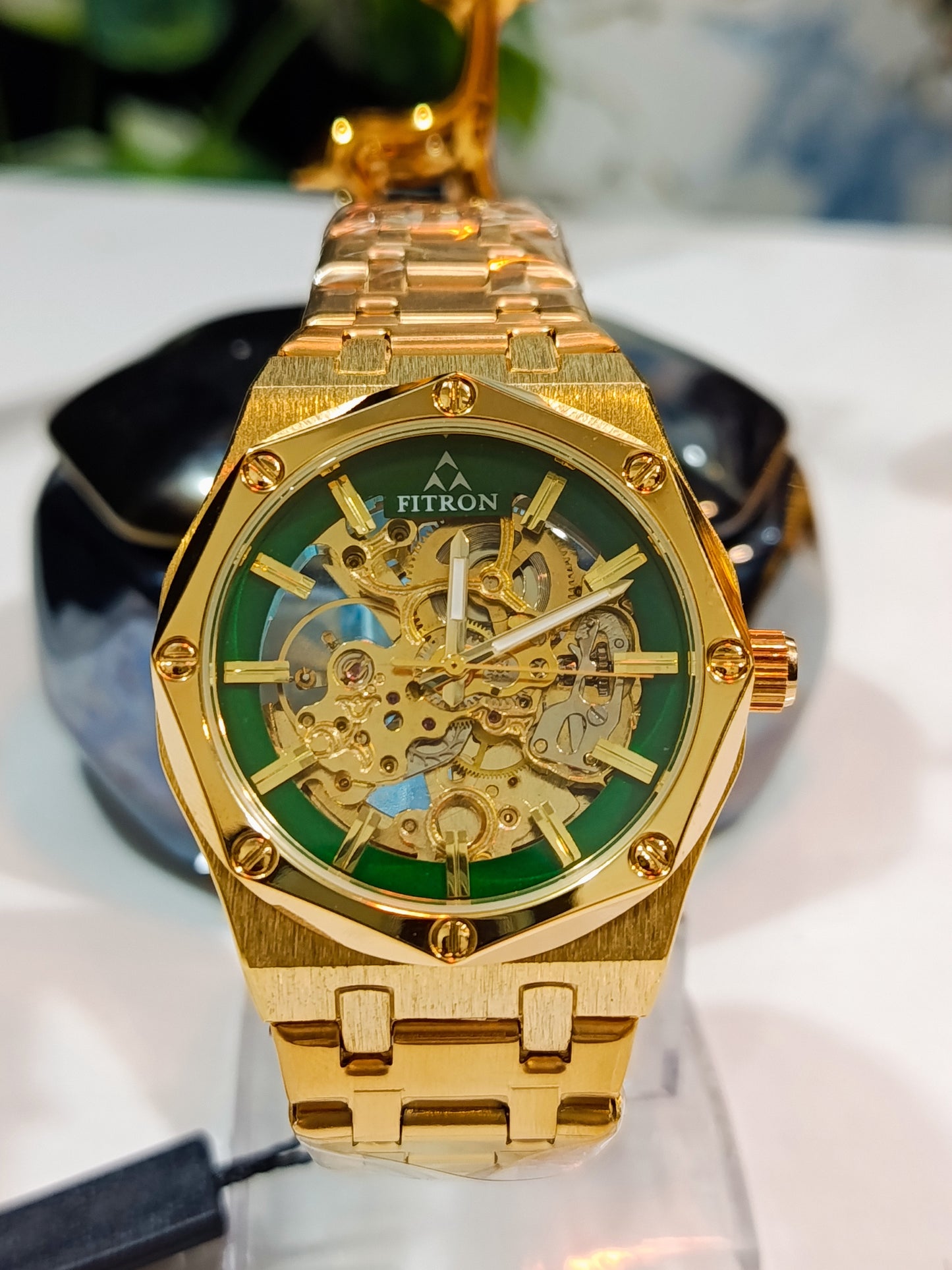Fitron Men's Green Dial Automatic Skeleton Watch