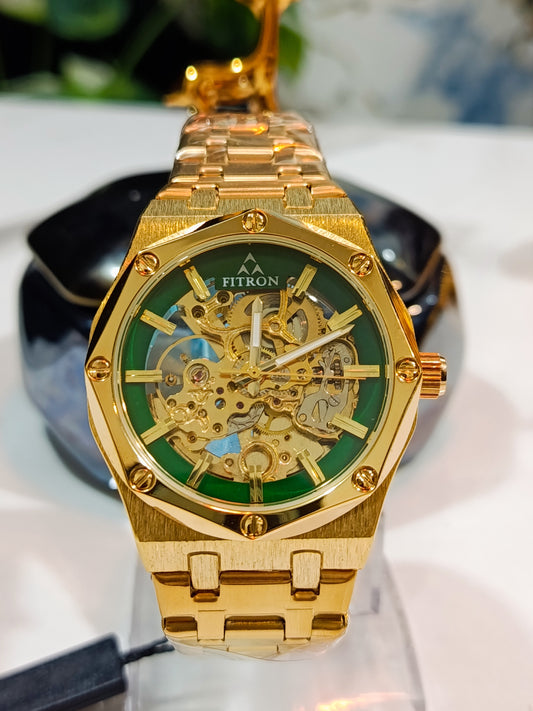 Fitron Men's Green Dial Automatic Skeleton Watch