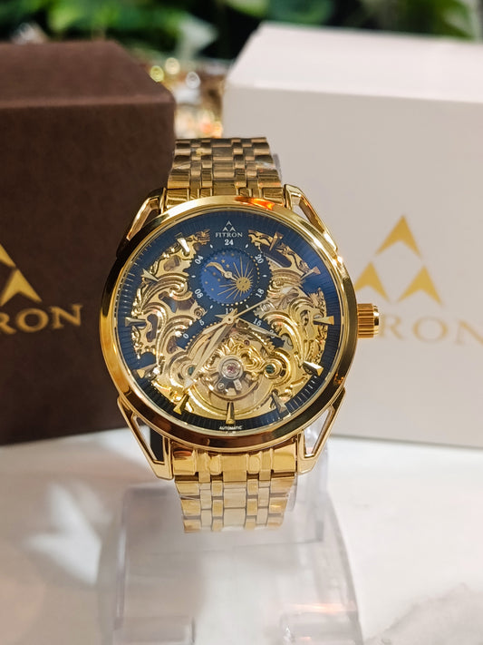 Fitron Men's Double Tone Black Dial Colour Watch Gold Colour