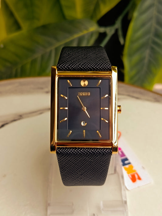 Skmei Golden Case Black Dial Men's leather Strap Watch
