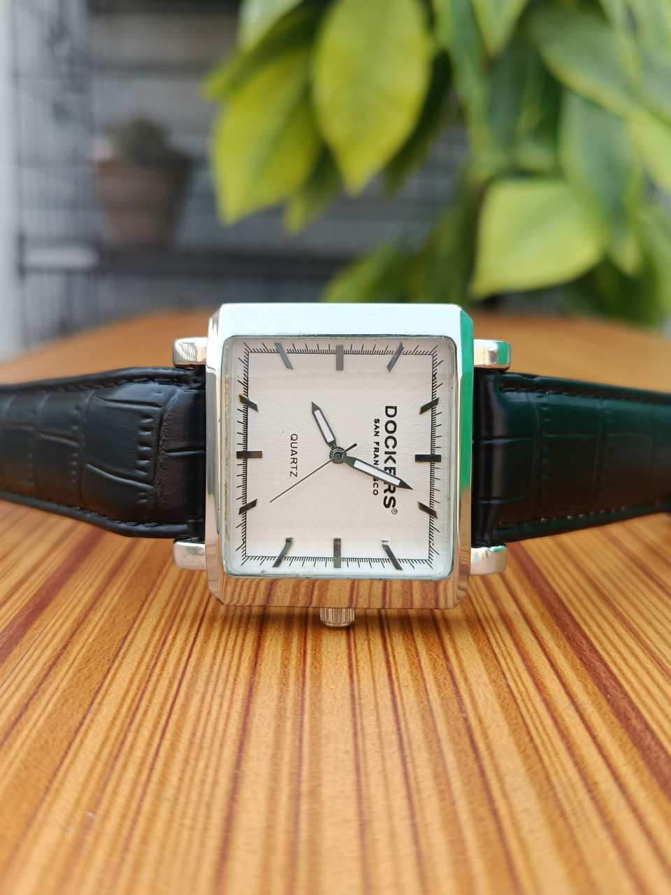 Dockers Men’s Quartz Watch Square Silver Case with Black Embossed Leather Strap