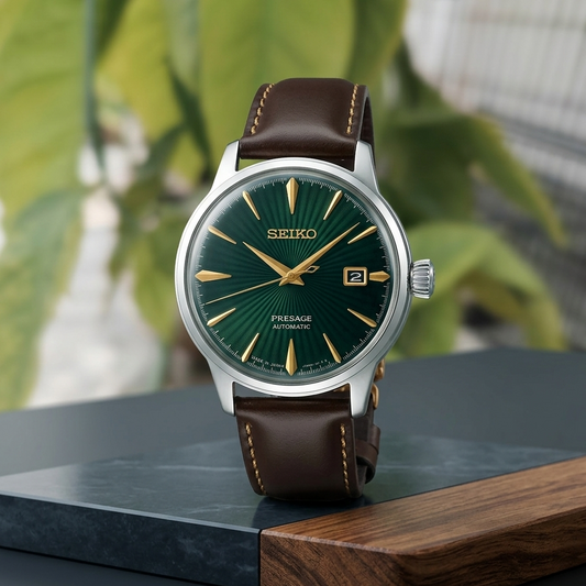 Seiko Presage Cocktail Time Automatic Watch – Green Dial | SRPD37 | Brown Leather Strap | Made in Japan