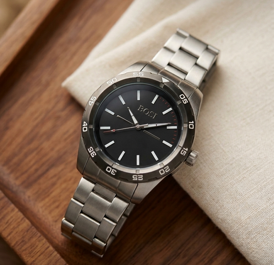 Bosi Men's Sport Diver-Style Stainless Steel Watch – Black Dial with Luminous Indices & Rotating Bezel