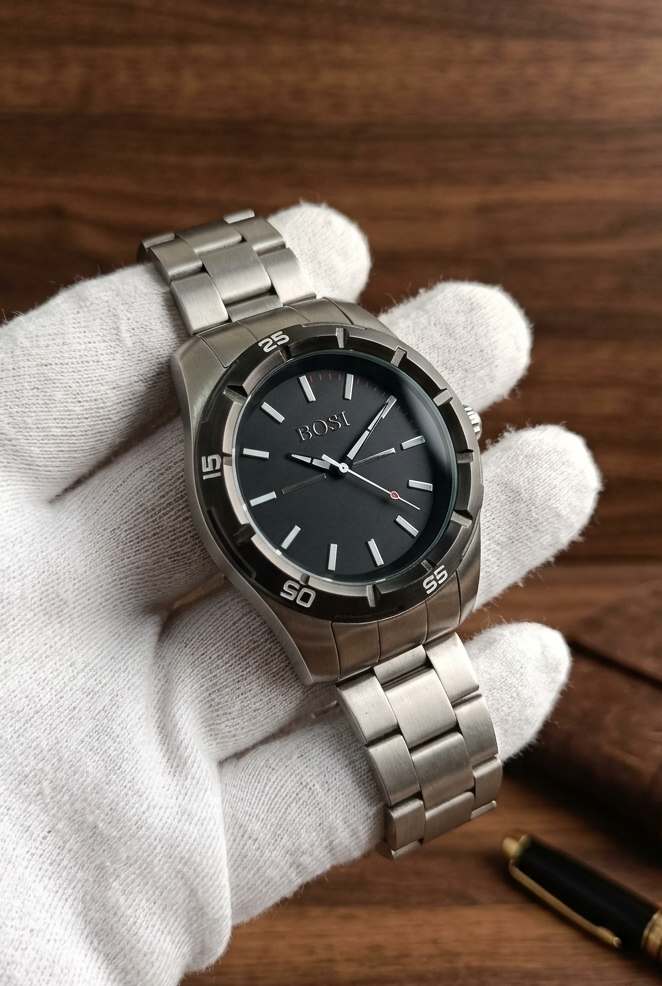 Bosi Men's Sport Diver-Style Stainless Steel Watch – Black Dial with Luminous Indices & Rotating Bezel
