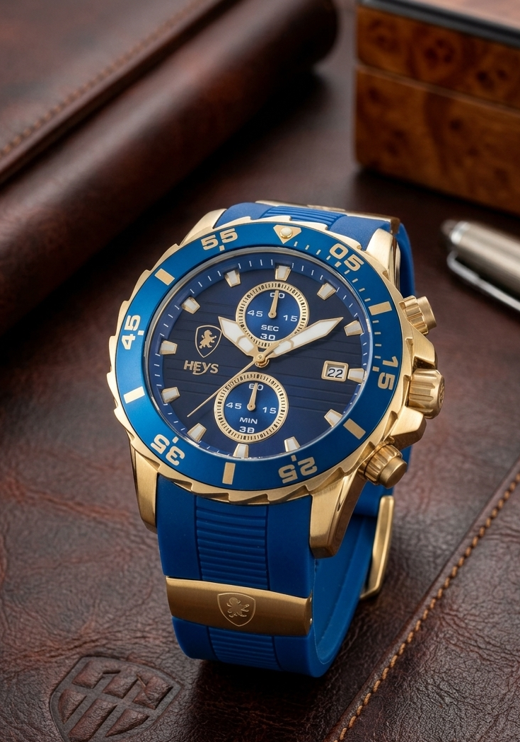 HEYS Men's Chronograph Diver Watch – Blue & Gold | Blue Silicone Strap | Date Window