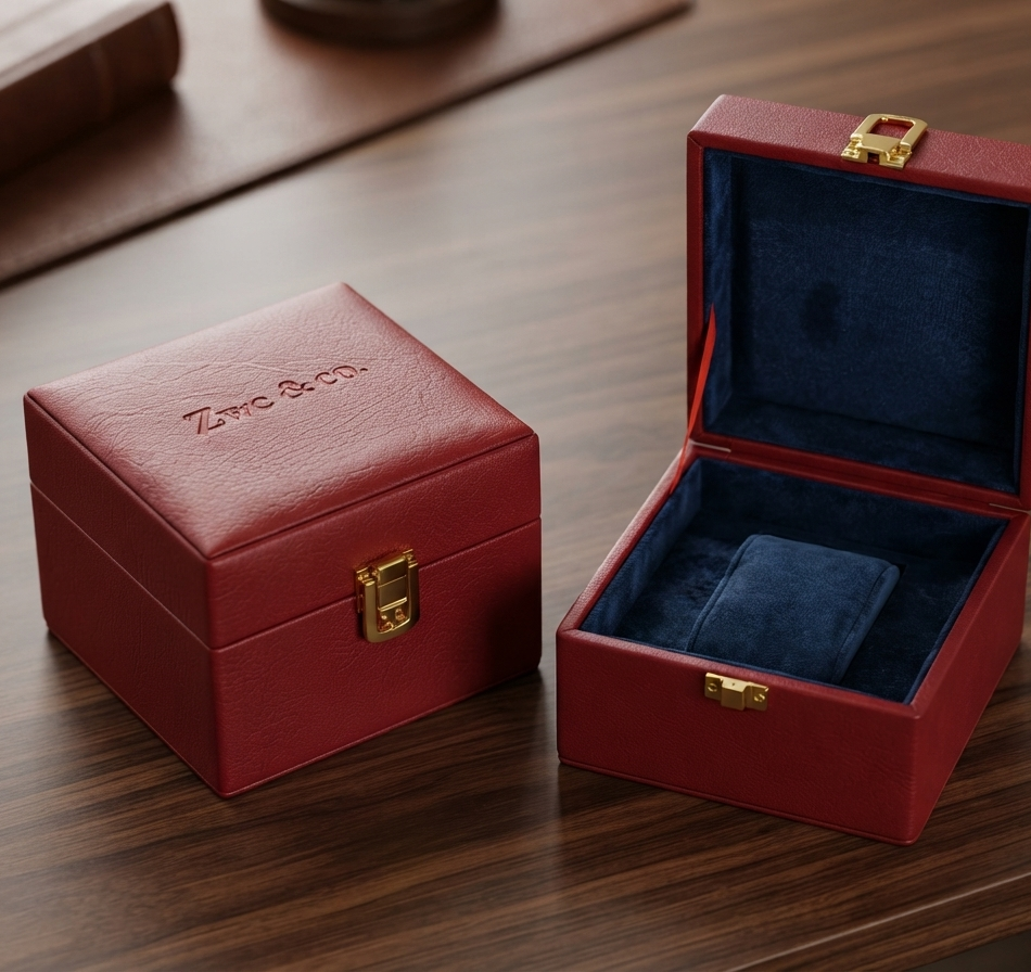Luxury Red PU Leather Watch Box with Blue Velvet Interior | Zwc & Co.