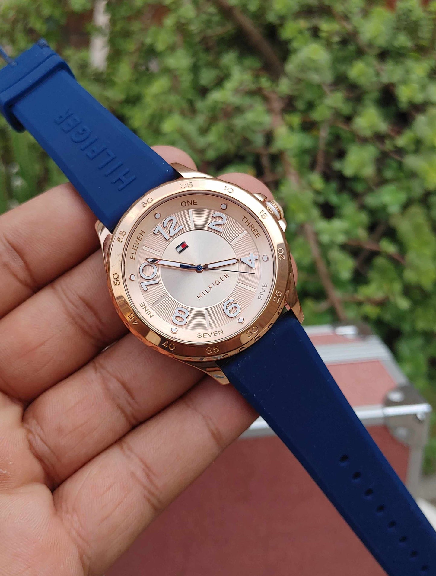 Tommy Hilfiger Rose Gold Case Blue Rubber Strap Watch Unisex