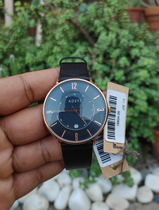 Adexe Watch For Men in Leather Strap Rose Gold Case 41mm Slim Watch For Men