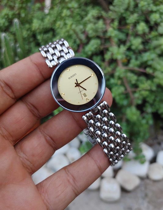 Rado Florence 38mm Wrist Watch For Men in Silver Chain Yellow Gold Dial