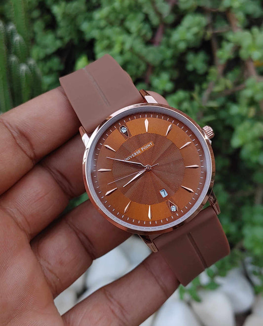 Universe Point Golden Case Brown Rubber Strap Magnatic Lock Watch for Men