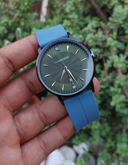 Universe Point Green Dial Case Case Black Rubber Strap Watch for Men