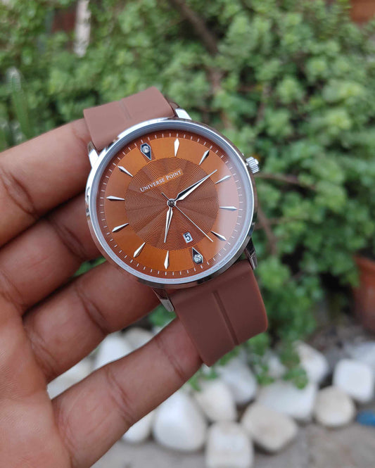 Universe Point Brown Dial Case Silver Rubber Strap Watch for Men