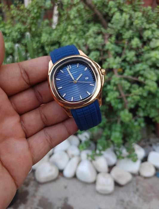 Universe Point Blue Dial Gold Case Rubber Strap Watch for Men