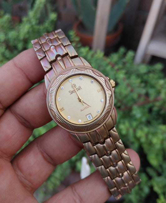 Swistar Vintage 18k Gold Plated 80s Wrist Watch For Men