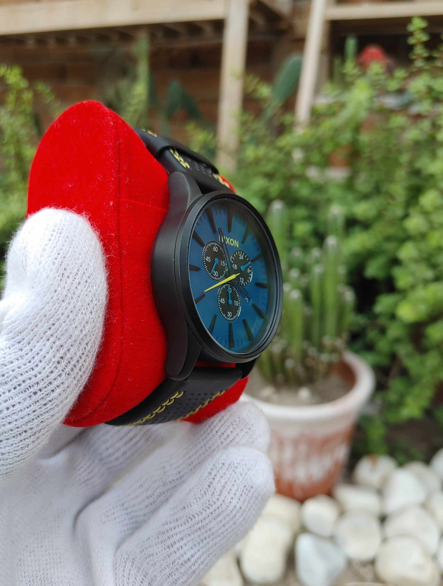 Nixon Blue Dial Chornograph Wrist Watch Stainless Steel Case Leather Strap