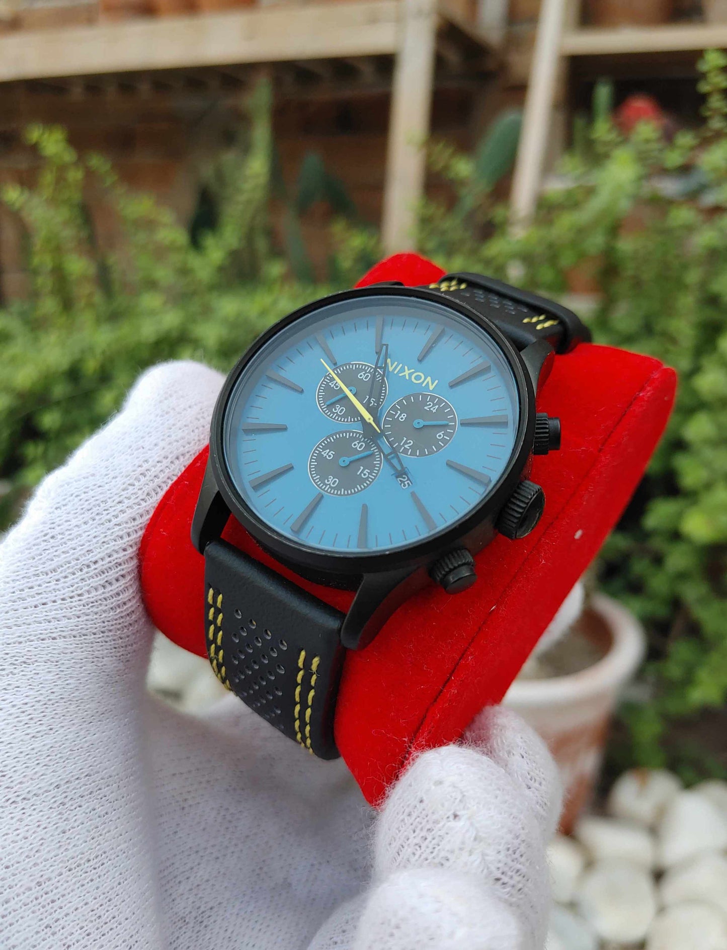 Nixon Blue Dial Chornograph Wrist Watch Stainless Steel Case Leather Strap