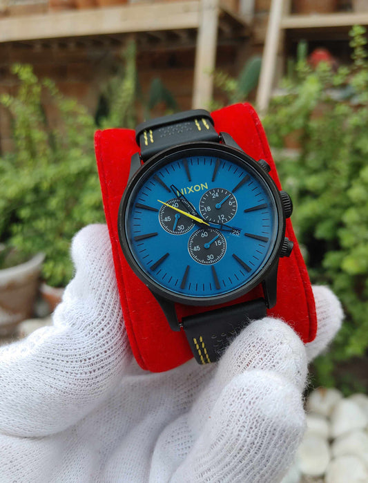 Nixon Blue Dial Chornograph Wrist Watch Stainless Steel Case Leather Strap