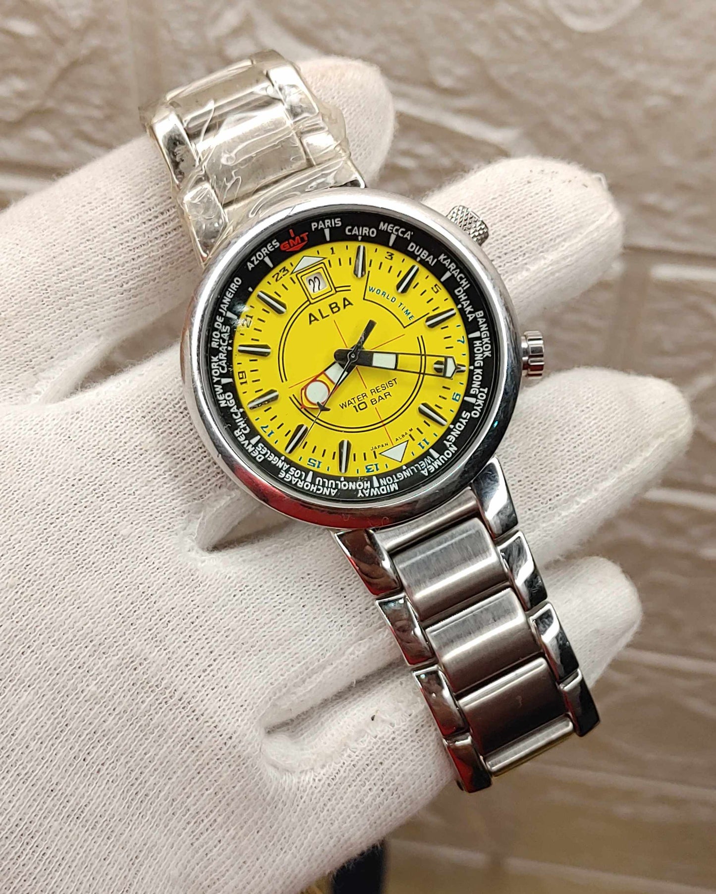 Alba GMT Yellow Dial Quartz Japan Rare Wrist Watch For Men