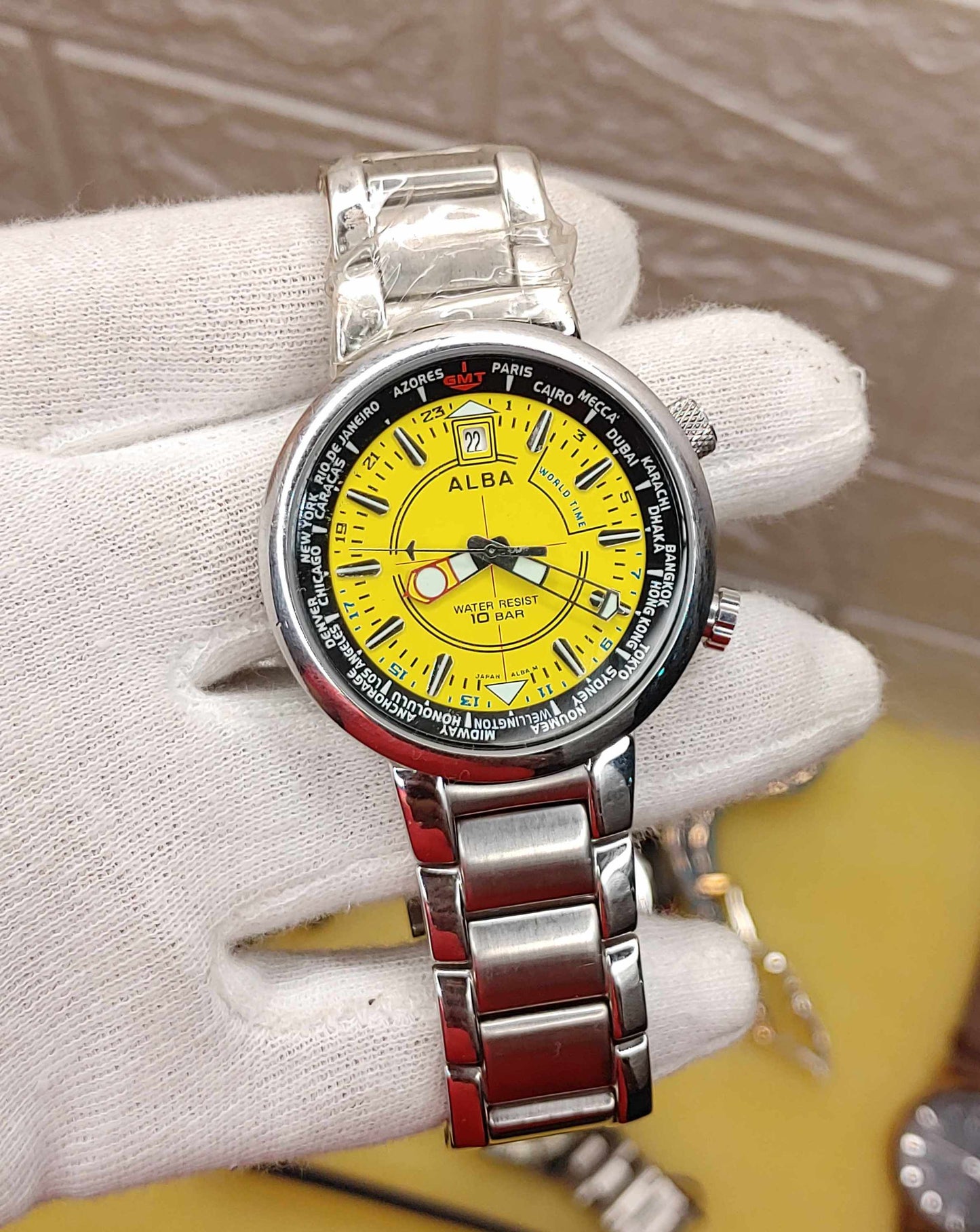 Alba GMT Yellow Dial Quartz Japan Rare Wrist Watch For Men