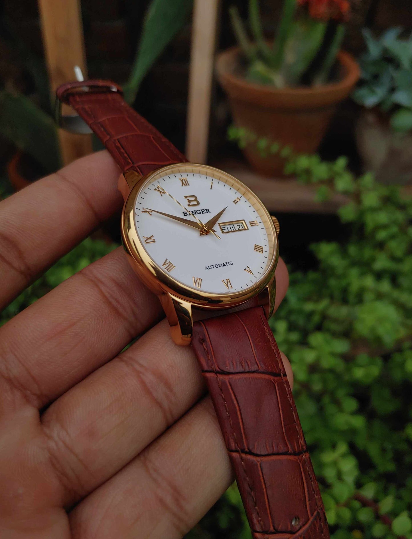 Binger Automatic Leather Strap Wrist Watch For Men White Dial Gold Case
