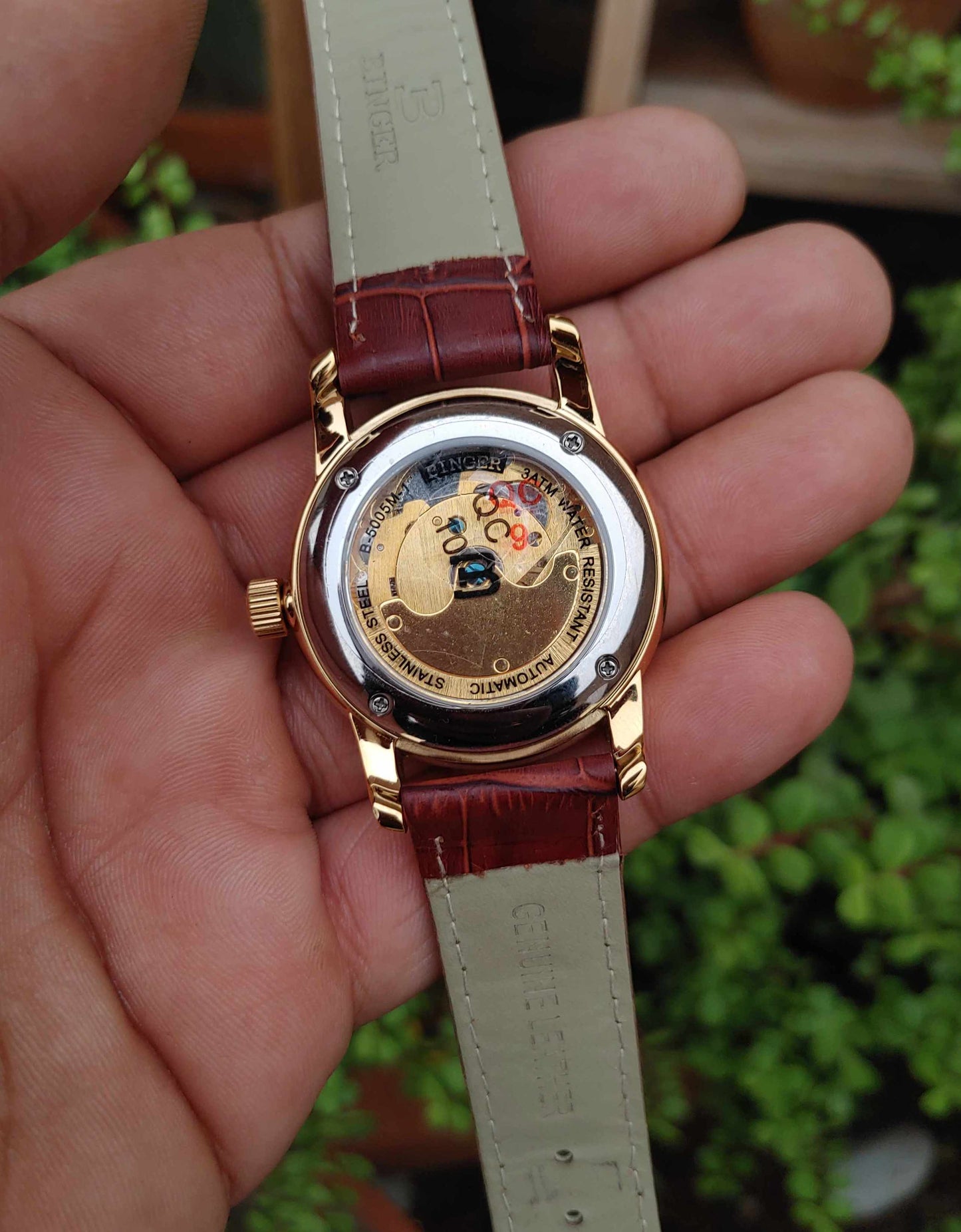 Binger Automatic Leather Strap Wrist Watch For Men White Dial Gold Case