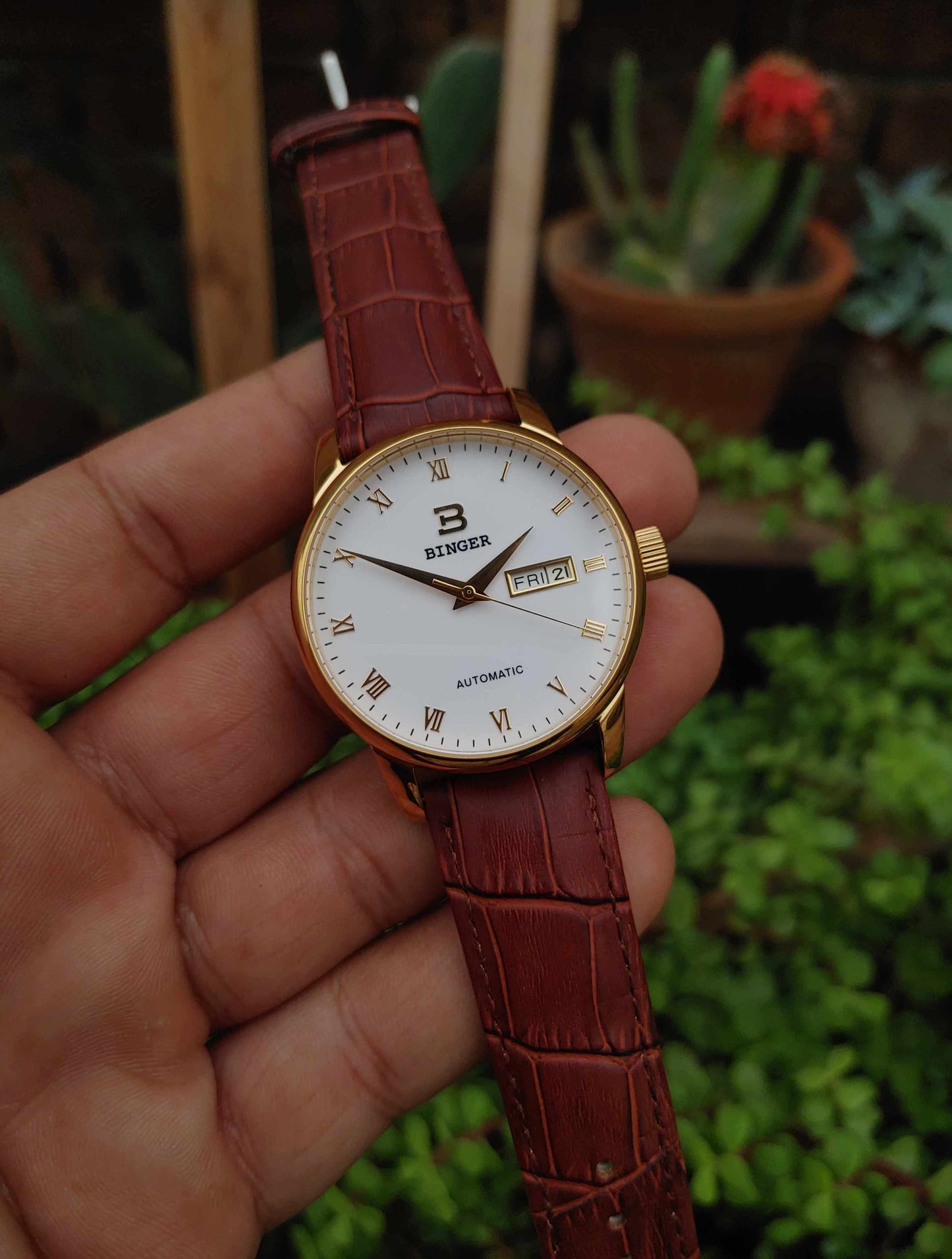 Binger Automatic Leather Strap Wrist Watch For Men White Dial Gold Case
