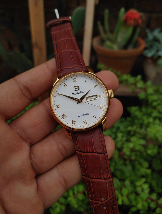 Binger Automatic Leather Strap Wrist Watch For Men White Dial Gold Case