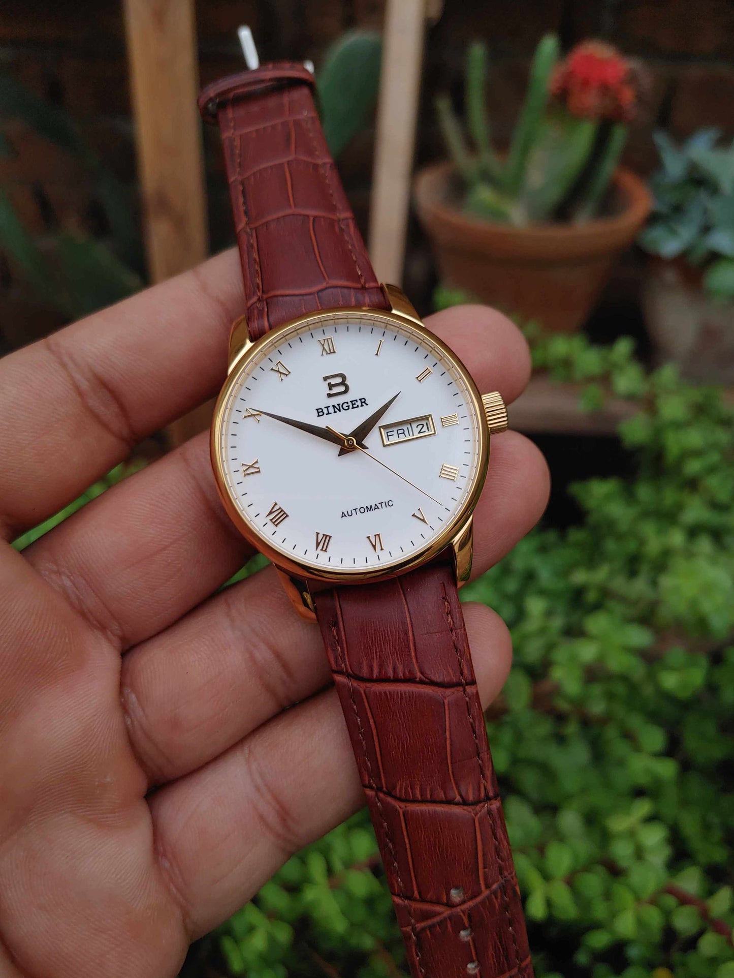 Binger Automatic Leather Strap Wrist Watch For Men White Dial Gold Case