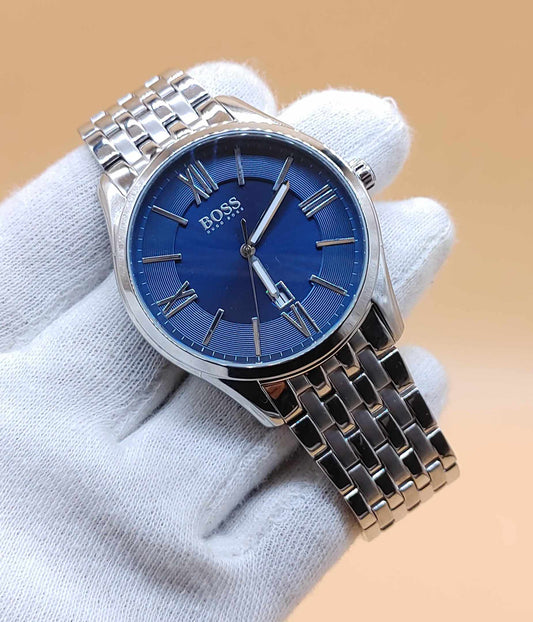 Hugo Boss Blue Dial Stainless-steel Wrist Watch For Men Beautiful Roman Dial