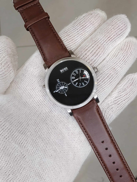 Hugo Boss Dual Time Watch Men in Brown Leather Strap Stainless-steel Case Diameter