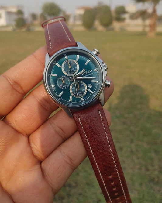 Wired Rare Green Dial Leather Strap Chronograph Watch For Men 41mm Stainless-steel Case