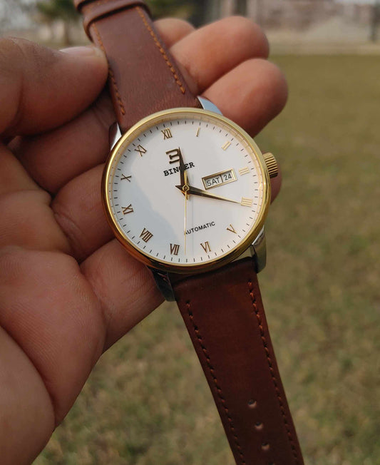 Binger Automatic Light Brown Leather Strap Watch For Men