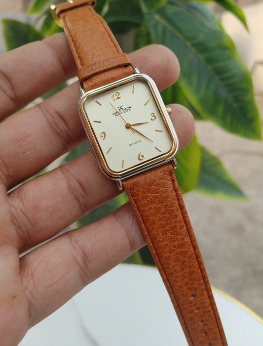 Carlo Cardini Slim Leather Strap Watch Light Brown Leather Quartz Movement Japan