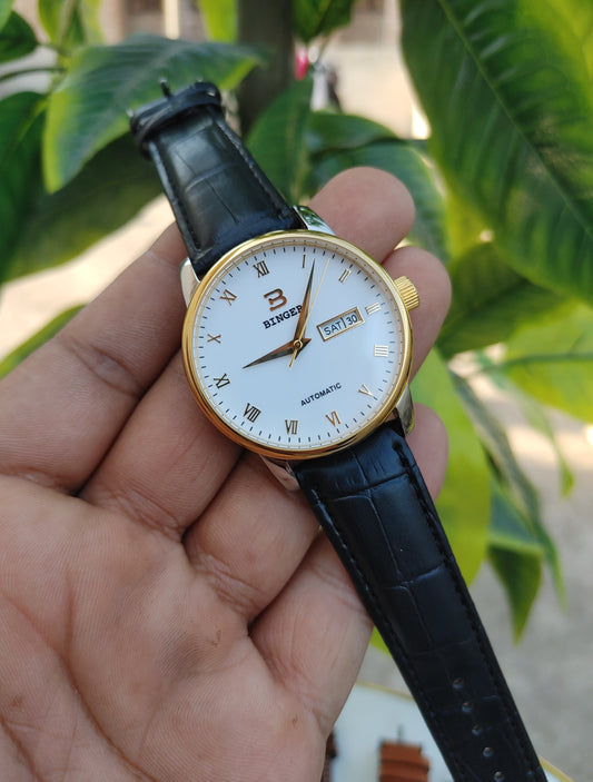 Binger Automatic White Dial Leather Strap 40mm Case Diameter Watch For Men