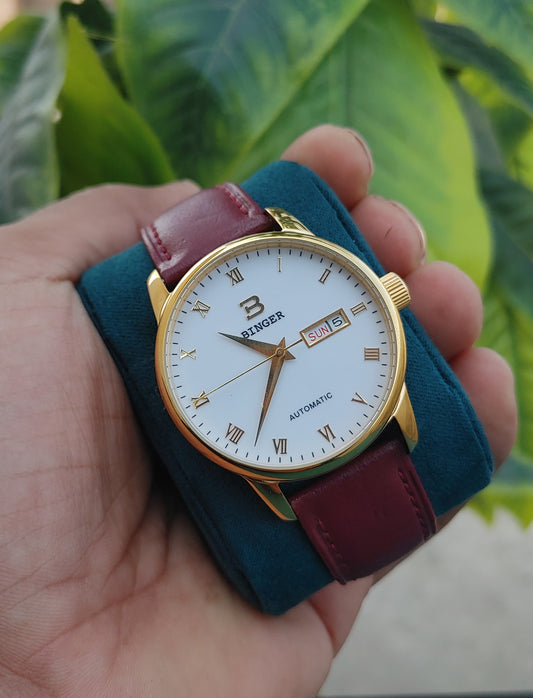 Binger Automatic B5005M-1 With Maroon Colour Leather Strap Watch