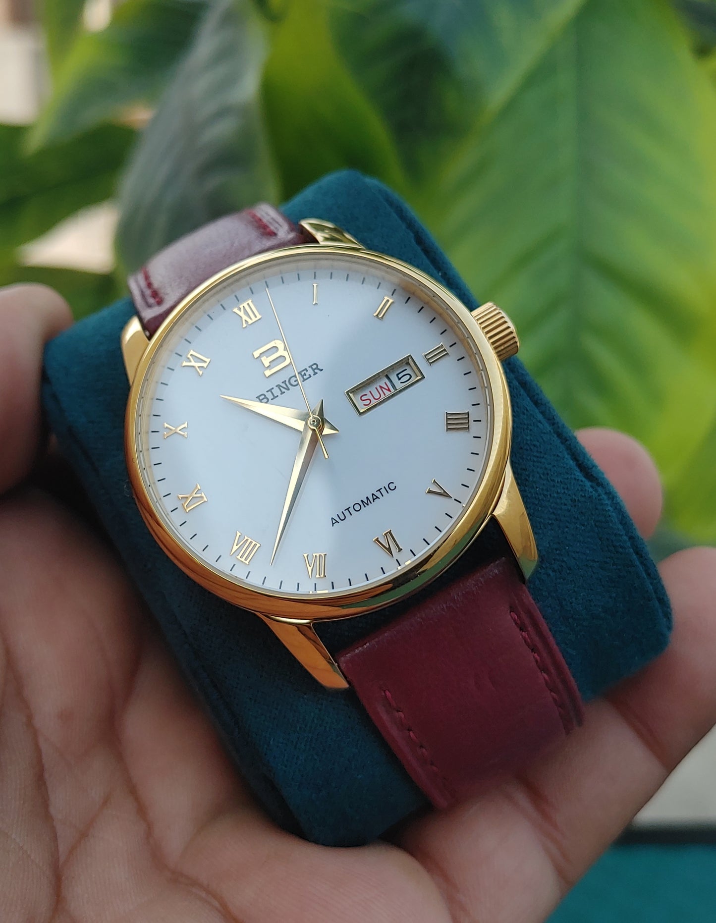 Binger Automatic B5005M-1 With Maroon Colour Leather Strap Watch