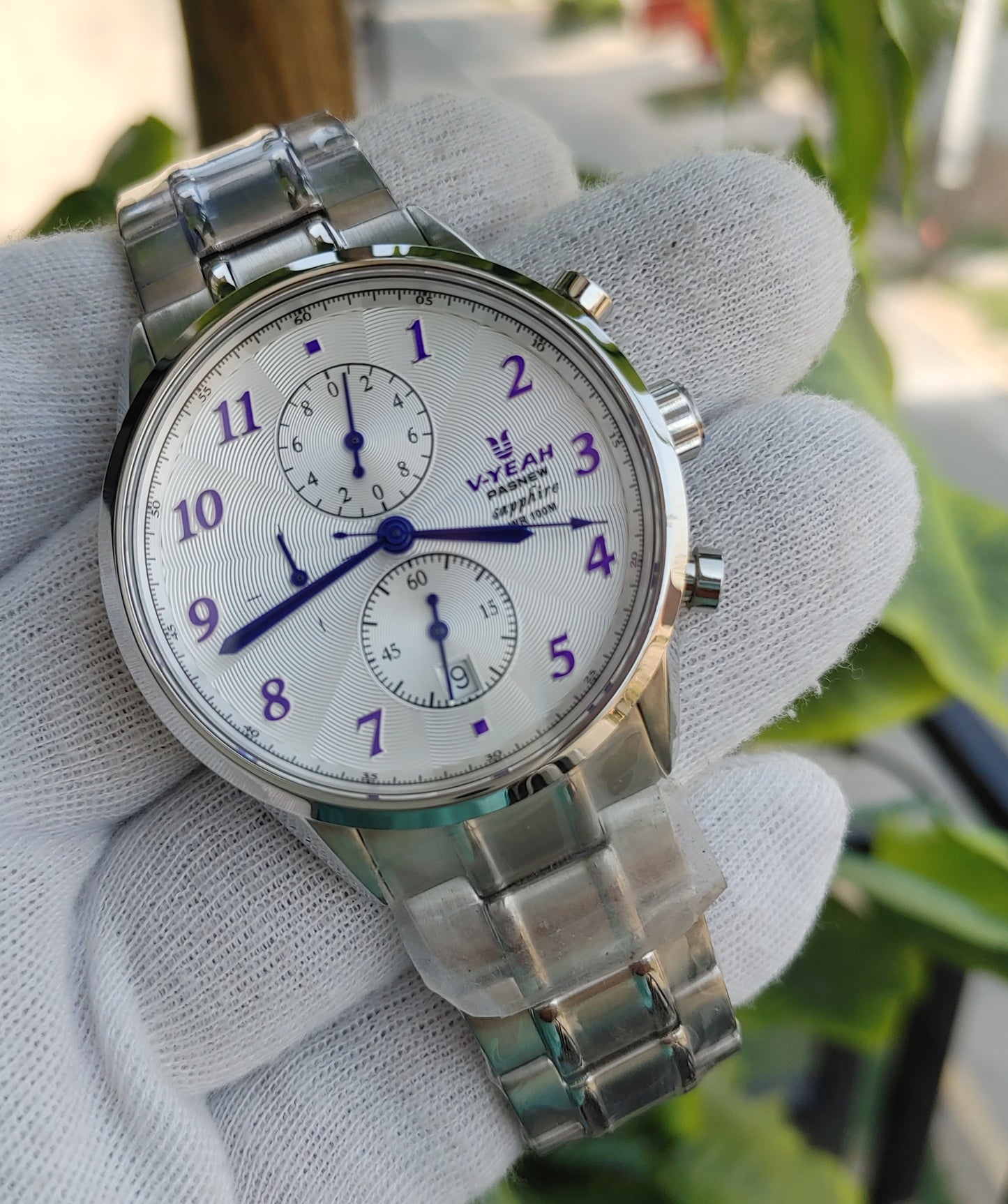 V-YEAH Men's Chronograph Quartz Watch – Silver Dial with Purple Accents, Stainless Steel Strap