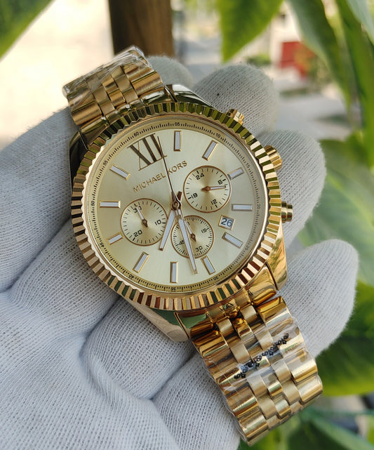 Michael Kors MK8281 Men's Lexington Chronograph Watch – Gold-Tone Stainless Steel with Champagne Dial, 45mm