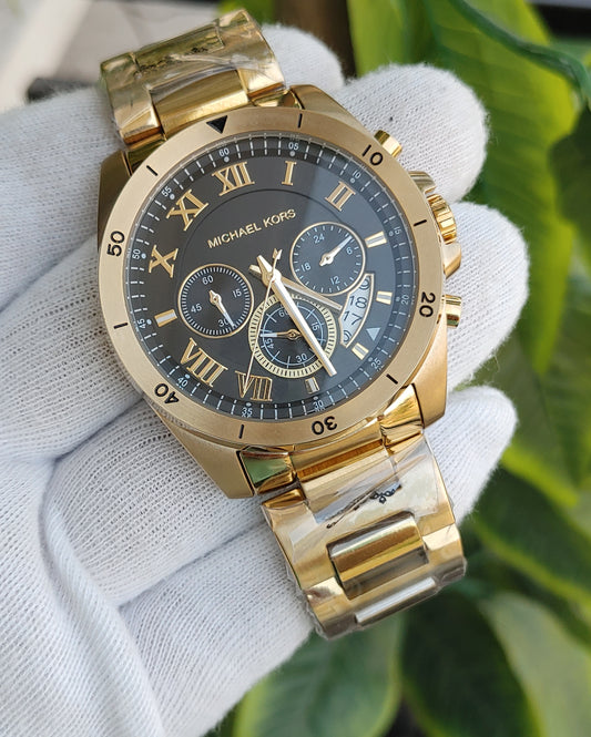 Michael Kors MK8481 Men's Brecken Chronograph Watch – Gold-Tone Stainless Steel with Black Dial, 44mm