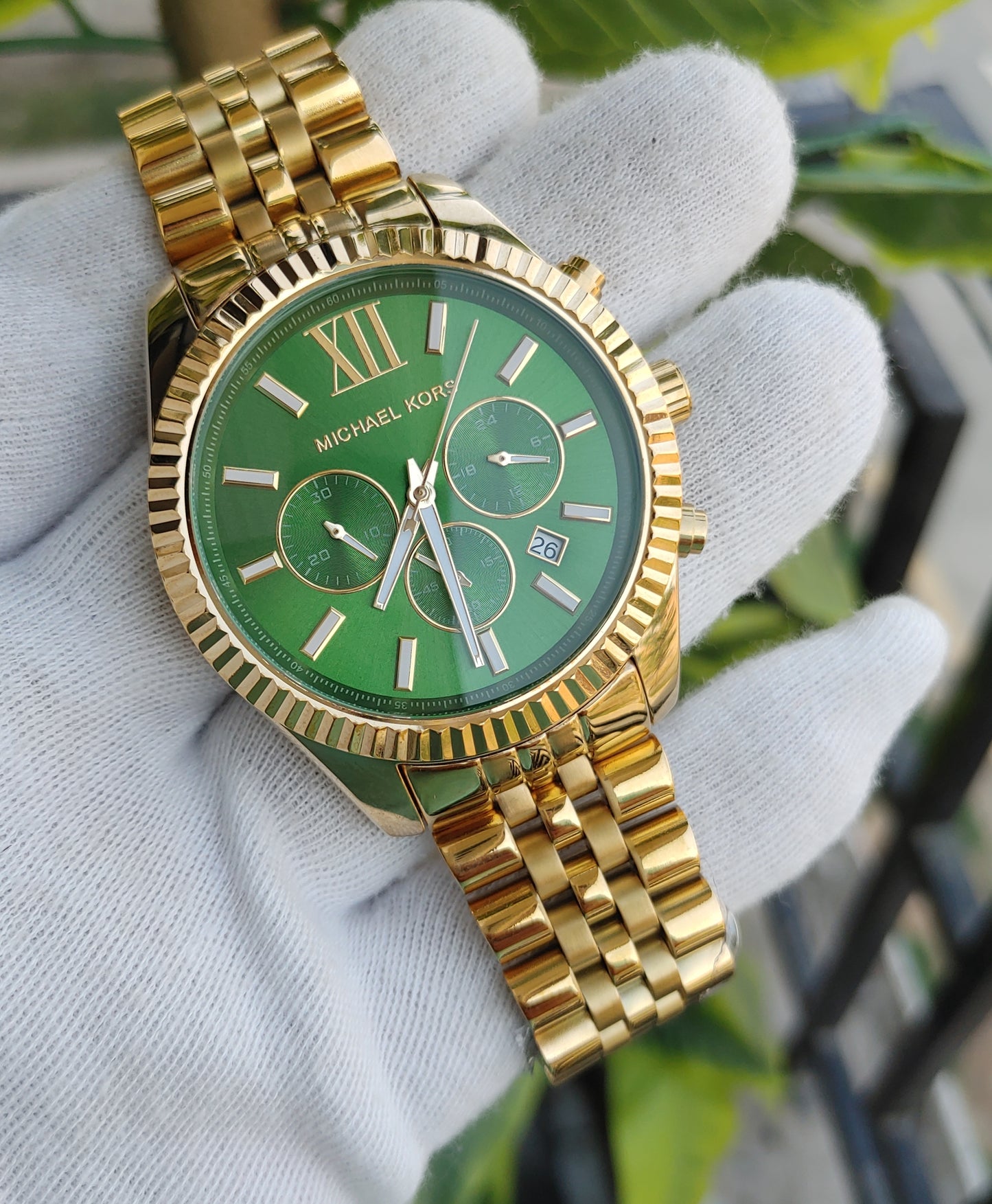 Michael Kors MK8446 Men's Lexington Chronograph Watch – Gold-Tone Stainless Steel with Green Dial, 44mm