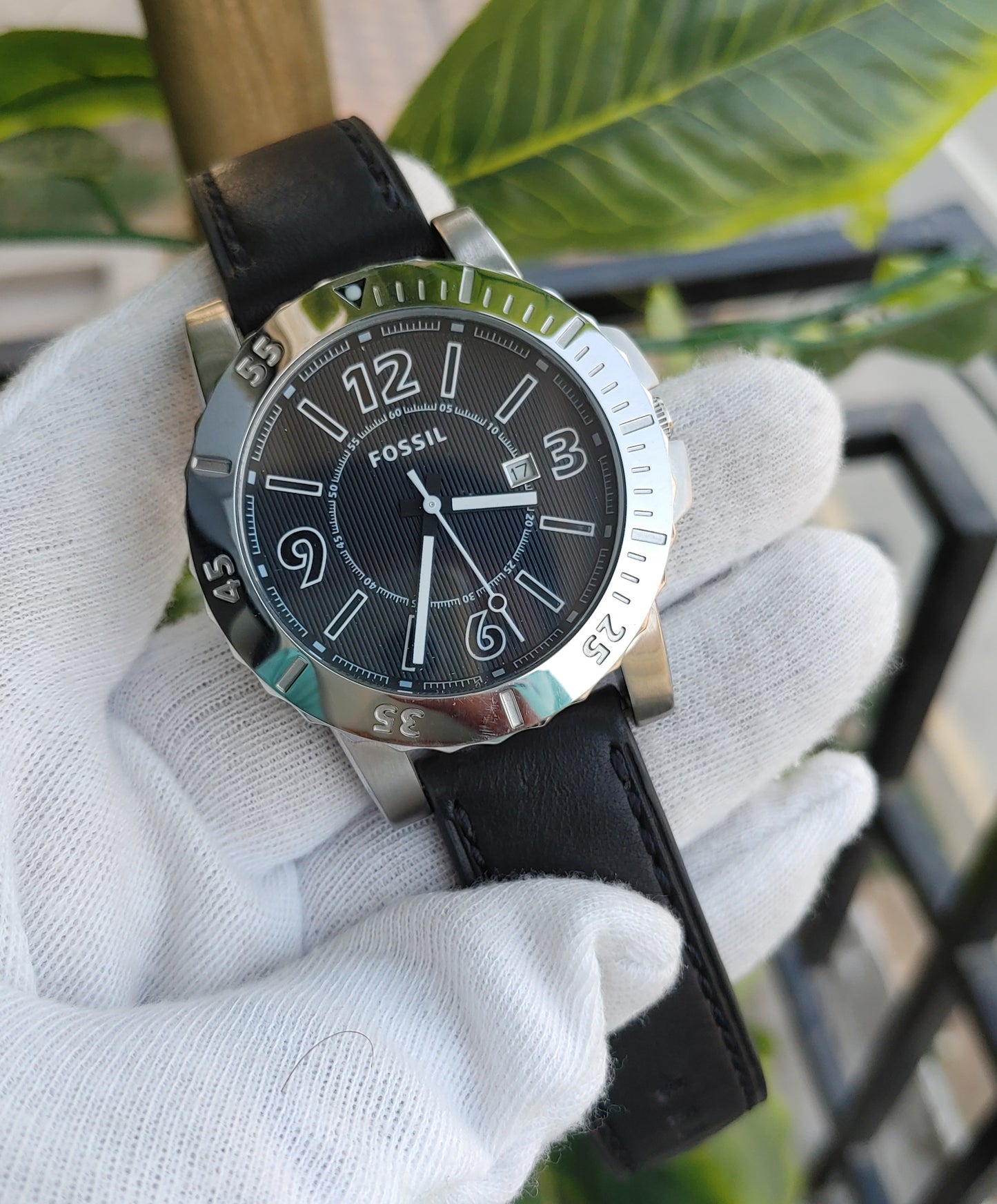 Fossil BQ1020 Men's Quartz Watch – Black Dial with Black Leather Strap, 46mm