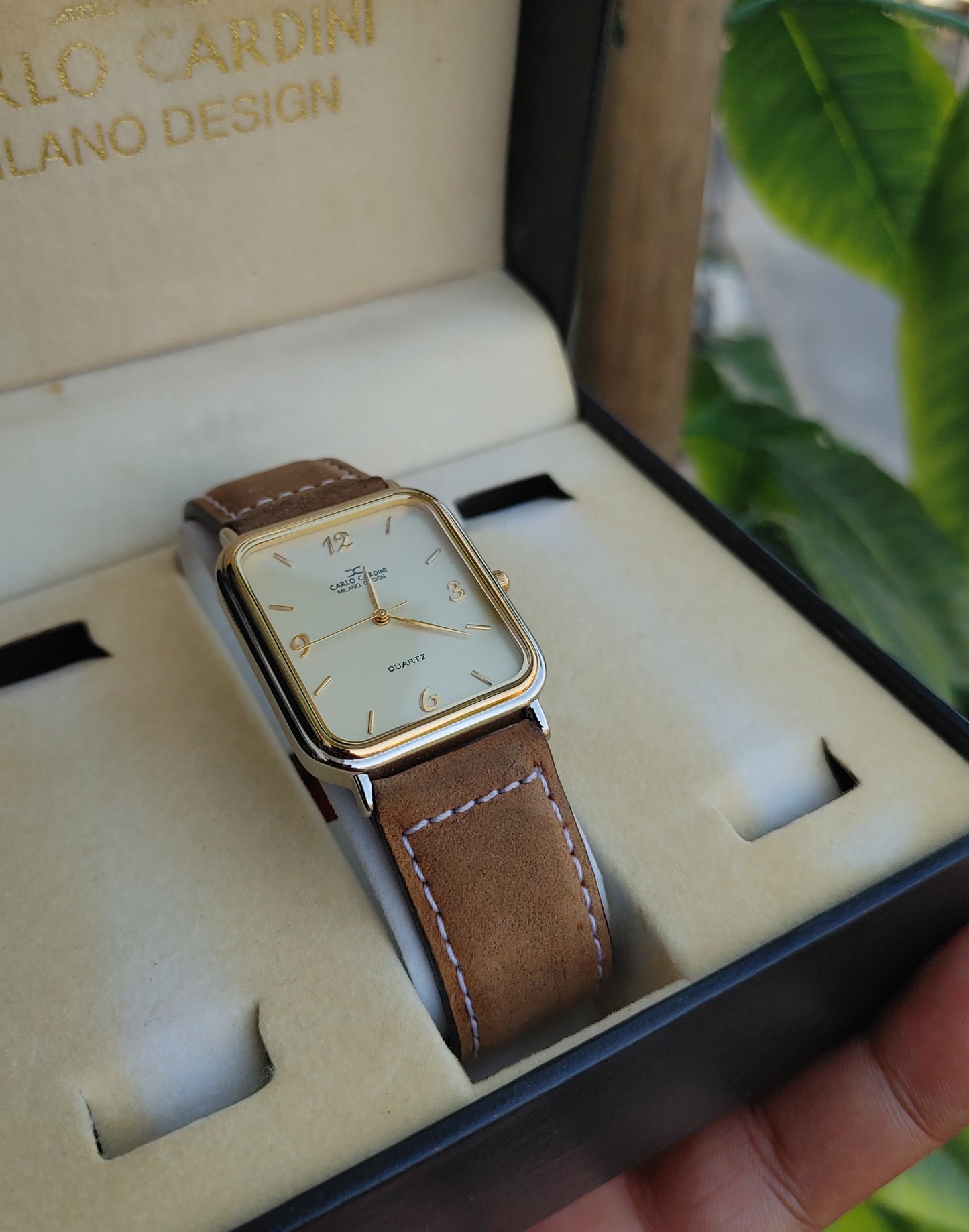 Carlo Cardini Slim Leather Strap Watch Dark Brown Leather Quartz Movement Japan