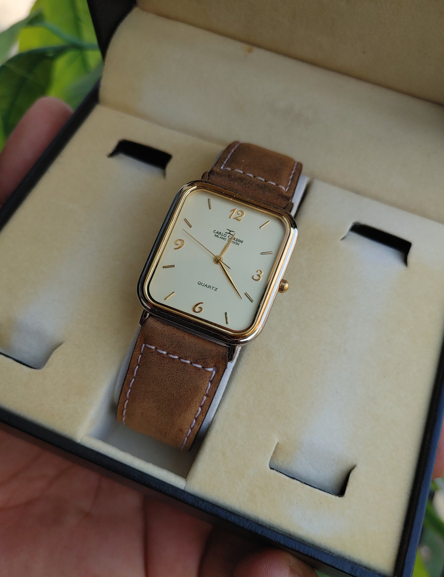 Carlo Cardini Slim Leather Strap Watch Dark Brown Leather Quartz Movement Japan