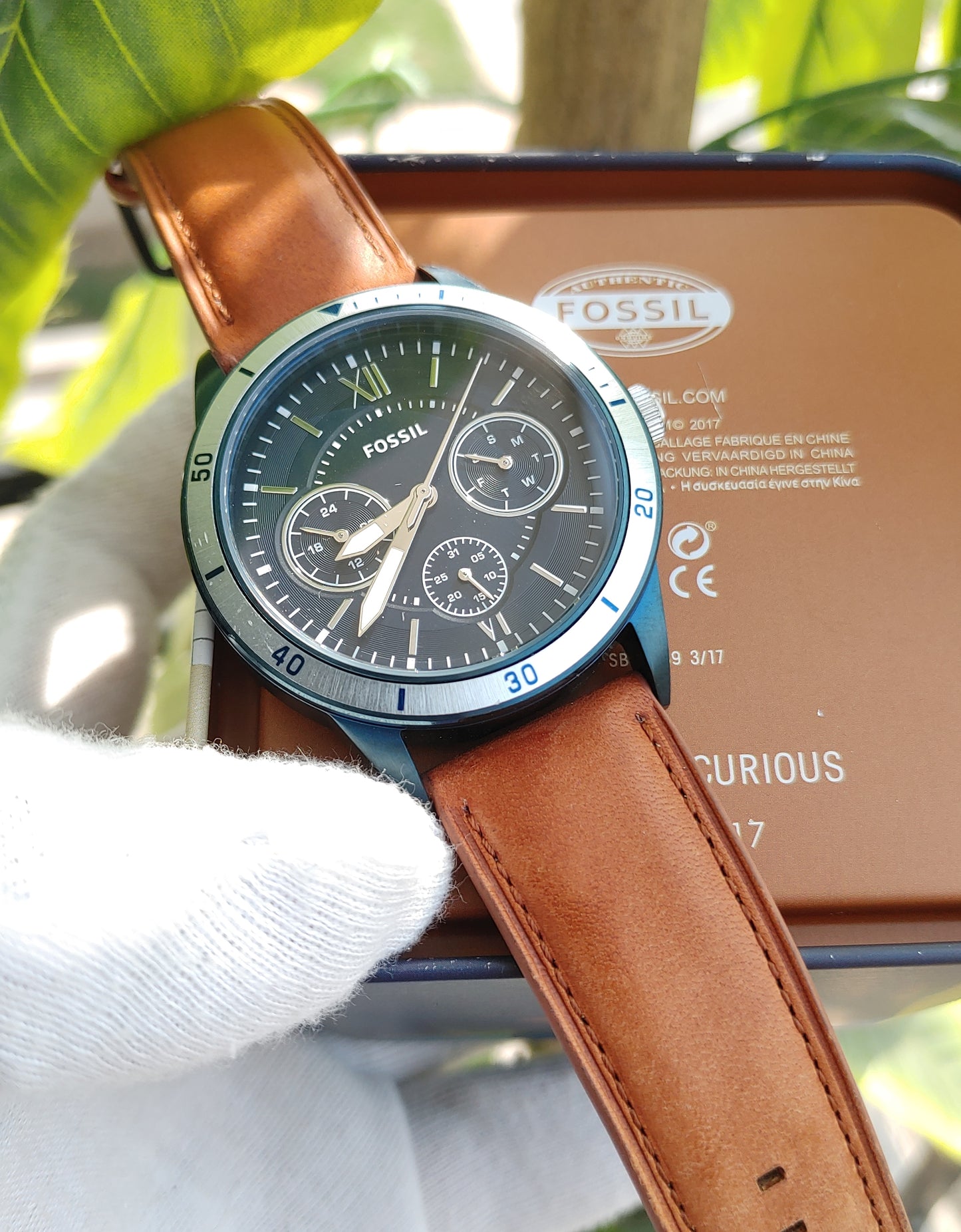 Fossil Flynn BQ2316 Men's Multifunction Watch – Blue Dial with Brown Leather Strap