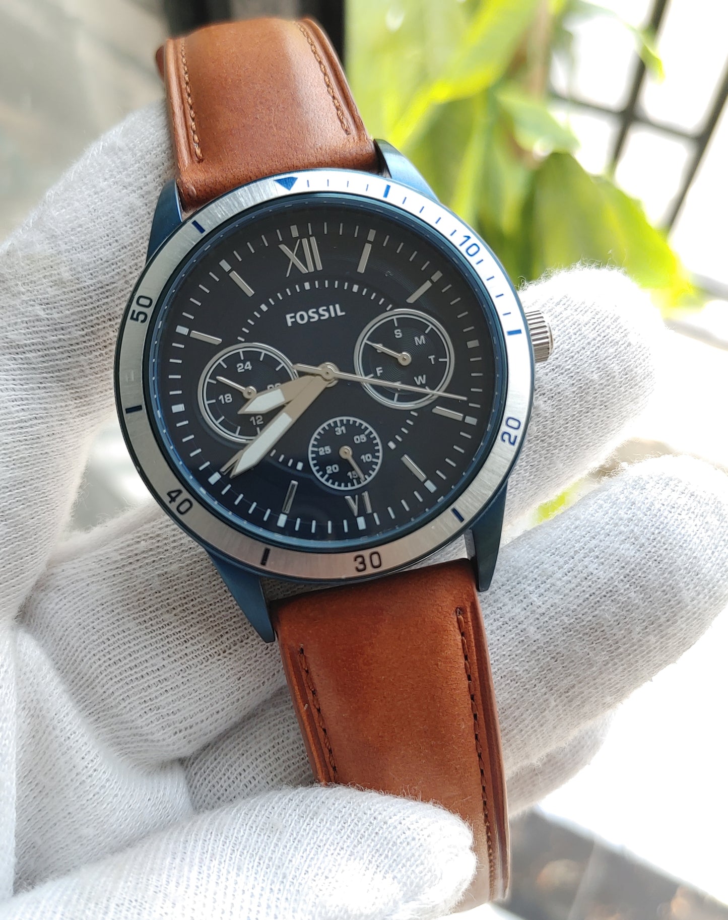 Fossil Flynn BQ2316 Men's Multifunction Watch – Blue Dial with Brown Leather Strap