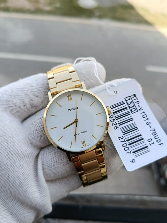 Casio MTP-VT01G-7BUDF Men's Analog Watch – Gold Stainless Steel Strap, Minimalist White Dial