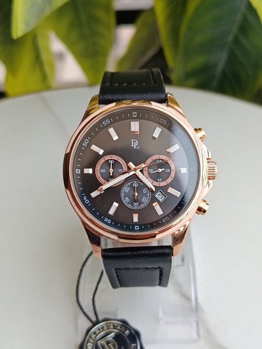 De Lawrence Rose Gold Case Chronograph Black Leather Strap Watch