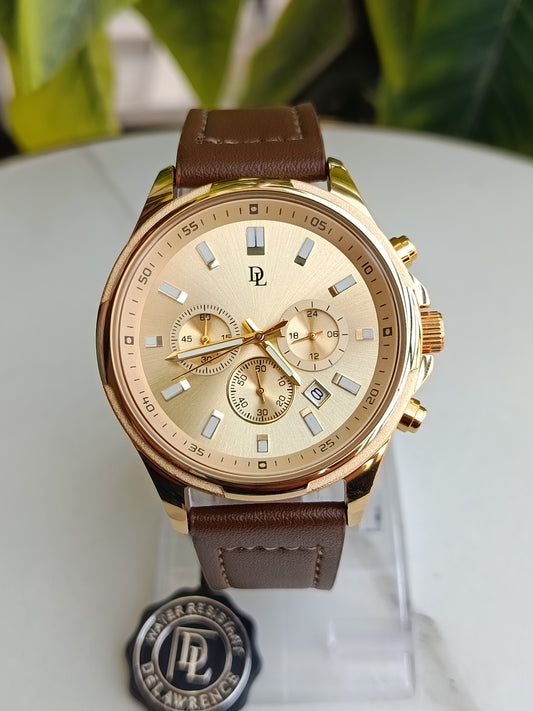 De Lawrence Golden Dial Brown Leather Strap Men's Watch