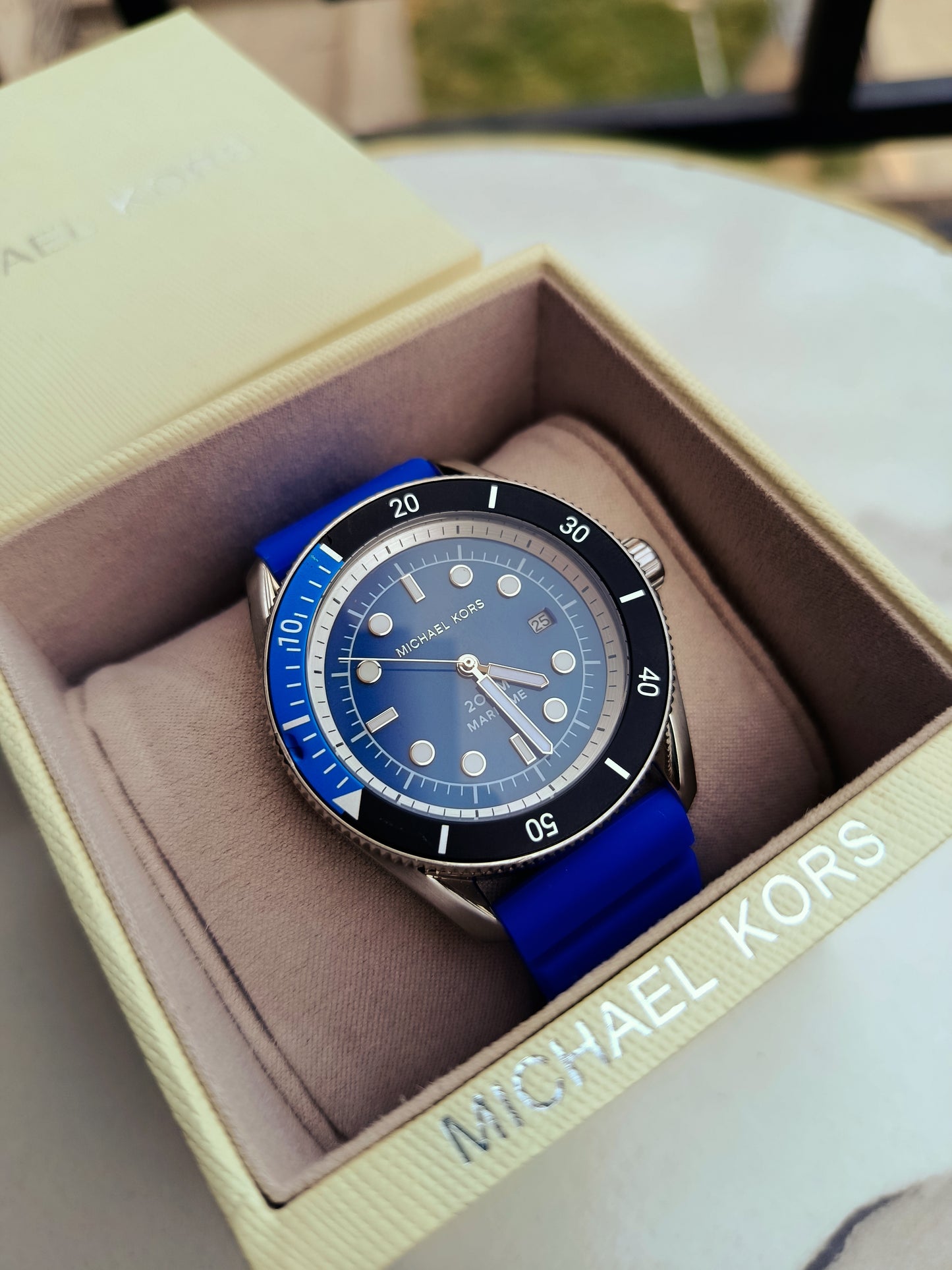 Michael Kors Maritime MK9156 Men's Three-Hand Analog Watch with Blue Dial & Silicone Strap